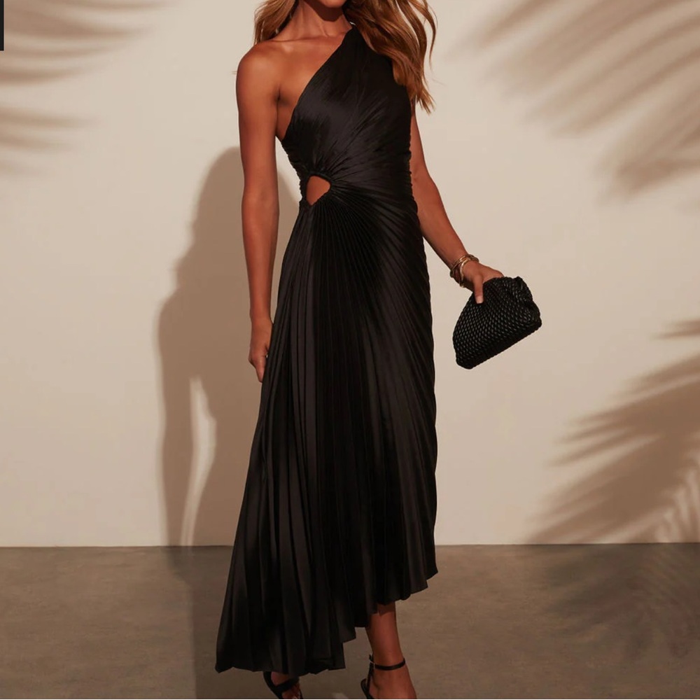 Vici One-Shoulder Black Pleated Cutout Maxi Dress
